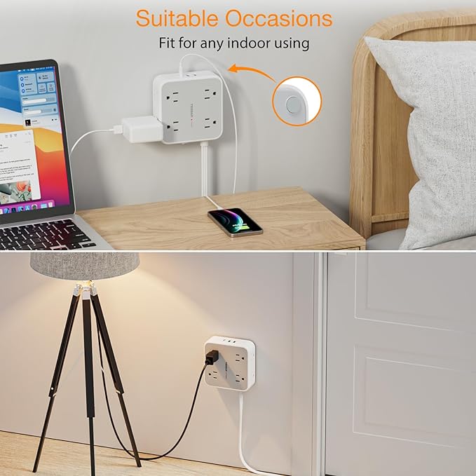 TESSAN Surge Protector Power Strip, 20 Ft Flat Plug Extension Cord with 3 USB (1 USB C) 8 Outlets, 1250W, 900J Protection, 3 Sided Outlet Extender with Power Switch for Office, Dorm Room, Grey