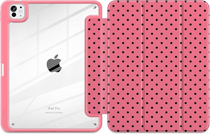 Case for iPad Pro 11 Inch (M5 2025 M4 2024) – [Built-in Pencil Holder], Shockproof & Stylish, Clear Hard Back + Soft TPU Edge, Magnetic Trifold Stand, Auto Wake/Sleep, Rose red Polka dot