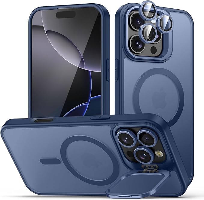 TOBOVON for iPhone 16 Pro Max Case, Compatible with MagSafe, Built-in Camera Ring Stand, with Individual Camera Cover, Translucent Matte Military-Grade Drop Protection Magnetic Case, Blue