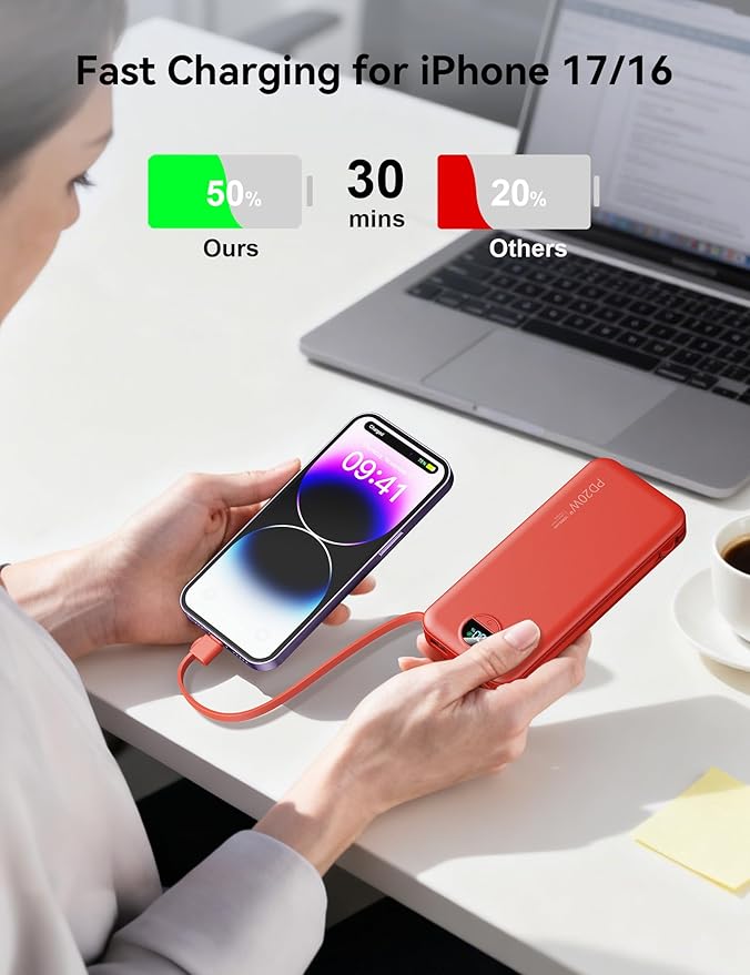 10000mAh Ultra-Portable-Charger-Power-Bank with Built in Cables&AC Wall Plug, PD20W USB-C Fast Charging Cell Phone Charger Battery Pack,LED Display Travel Battery Bank for All iPhone,Samsung,Android