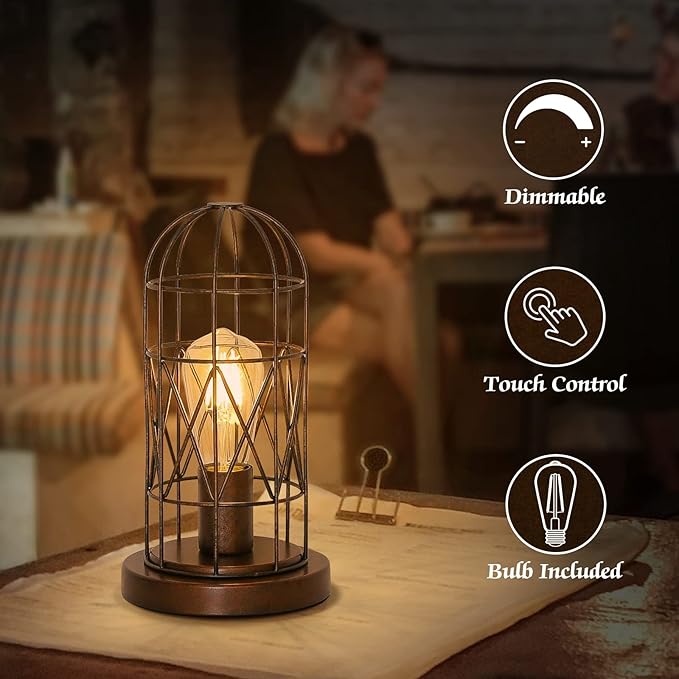 Seaside village Small Touch Lamp, Industiral Bedside Table Lamps with Antique Bronze Cage, 3 Way Dimmable Nightstand Steampunk Edison Lamp for Bedroom Living Room Kitchen, LED Bulb Included