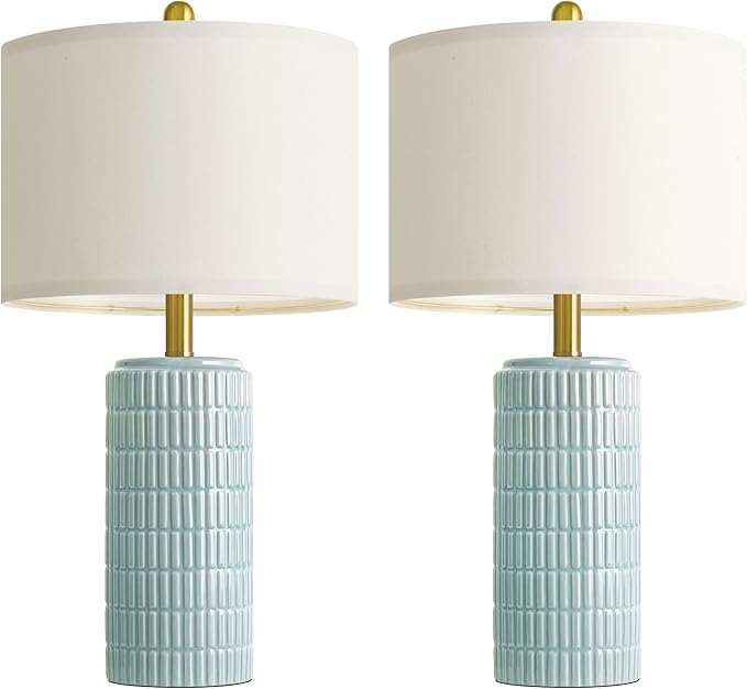 PoKat 23" Light Blue Table Lamps Set of 2, Modern Bedside Lamps for Bedroom, Coastal Ceramic End Table Lamps for Living Room, Ocean Nightstand New Home Decor Lamps