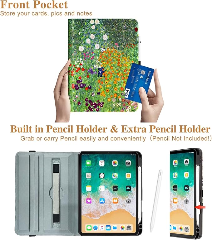 Rotating Case for iPad Air 11 Inch M4/M3/M2 2026, for iPad Air 5th/4th Gen Cases,for iPad Pro 11 Inch Case 4th/3rd/2nd/1st Generation Pencil Holder/Hand Strap/Pocket 360 Degree Rotating, Flower Garden