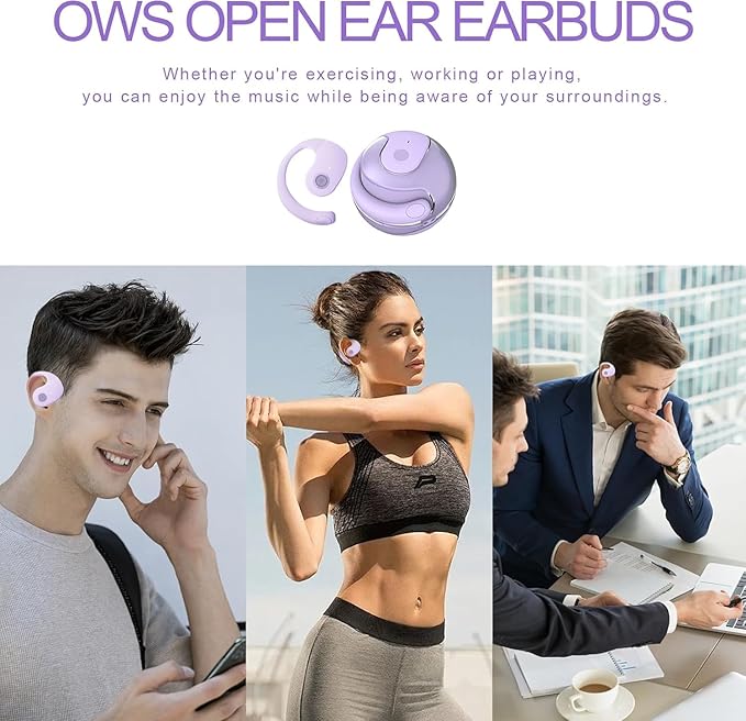 Open Ear Headphones, Bluetooth 5.4 Wireless Sports Headphones with Digital Display Charging Case 48 Hours Playtime True Earbuds with Earhooks for Running Walking Workout (Fresh Purple)