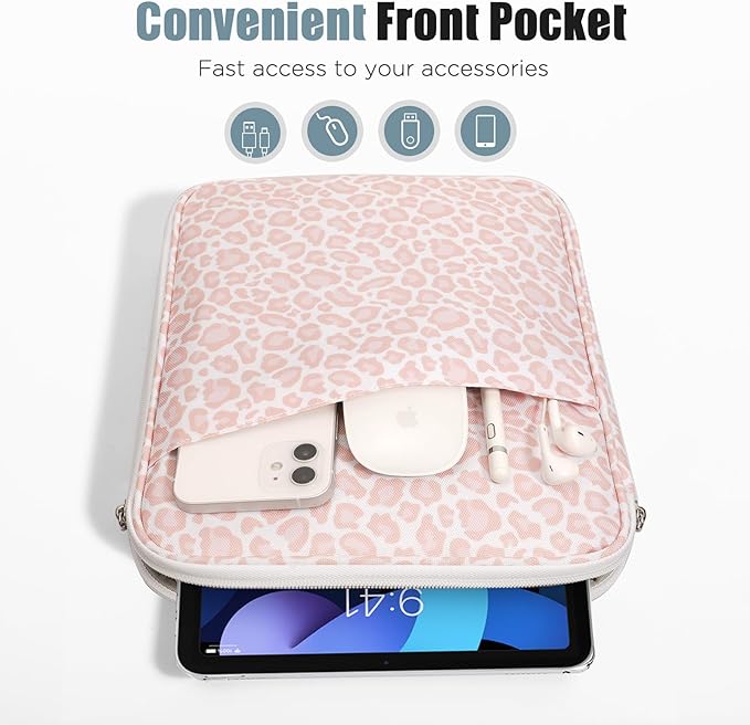 TiMOVO 9-11" Tablet Sleeve Bag for iPad 11-inch A16 2025, iPad 10.9"/10.2"| Air 11 Inch/5th/4th Gen. 10.9", Galaxy Tab A9+/A11Plus 11", Protective Bag with Pocket, Pink Leopard