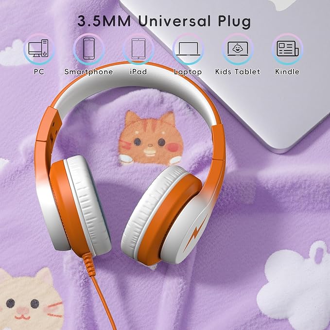 Candy Bila Kids Headphones, Wired Headphones for Kids Over Ear with Microphone, 85/94dB Volume Limiter Headphone for Girls Boys, Foldable Headphone for Learning & Entertainment, White and Orange