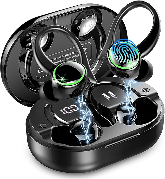 2026 Wireless Earbuds, Bluetooth 5.4 Headphones Sports, 50 Playback Over-Ear buds with ENC Noise Cancelling Mics, Deep Bass Fitness Earphones Gym Running Workout, IP7 Headset with Earhook, LED Display