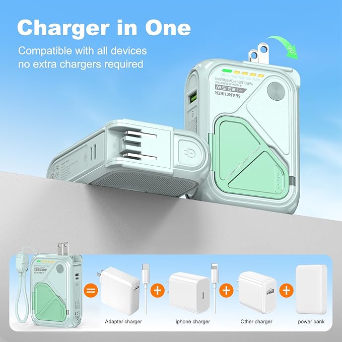 SEANCHEER P05 Portable Charger, Magnetic Power Bank, Small PowerBank, Battery Pack10000mAh Travel Essentials Fast Charging with Built in Cable, Foldable Wall Plug for iPhone,Samsung,Andriod (Green)