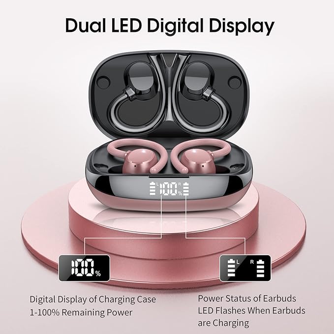 Wireless Earbuds for Small Ear, HiFi Stereo Sport Bluetooth 5.3 Headphones with Earhooks, 48H Deep Bass Running Ear Buds with LED Display, Noise Cancelling, IP7 Waterproof Built-in Mic for iOS Android