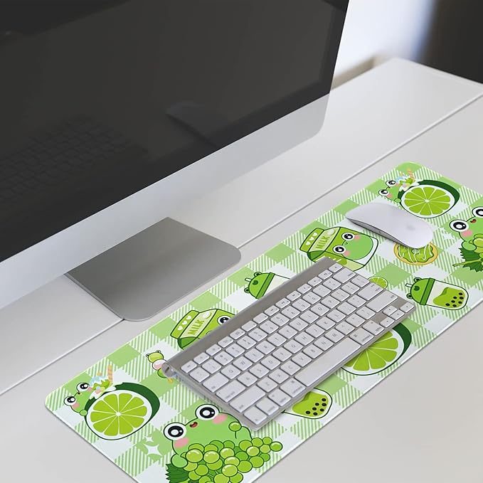 Kawaii Frog Gaming Mouse Pad for Desk, Extended Large Frog Donut Boba Milk Tea Mouse Pad, Green Mousepad XL, Long Big Mouse Mat, Kawaii Frog Decor Stuff Accessories, 31.5 X 11.8 Inch