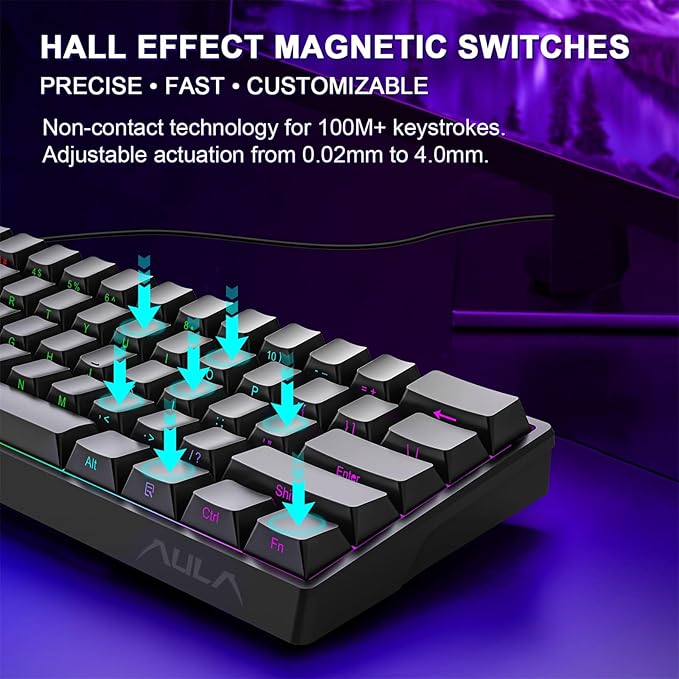 Aula WIN60 HE 60% Mechanical Keyboard Wired, Hall Effect Gaming Keyboard Magnetic Switch Hot Swappable, Adjustable Actuation Rapid Trigger Mode 8000Hz Polling Rate, RGB Keyboard 60 Percent Design
