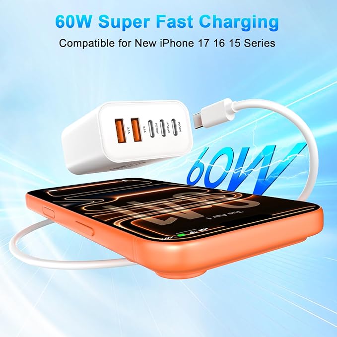 iPhone 17 16 15 Charger Fast Charging, 2 Pack 60W 5-Port USB C Fast Wall Charger Block Multiport Type C Brick Plug Adapter & 6FT Type C Charging Cable Cord for iPhone 17 16 15 Pro Max, MacBook, Galaxy