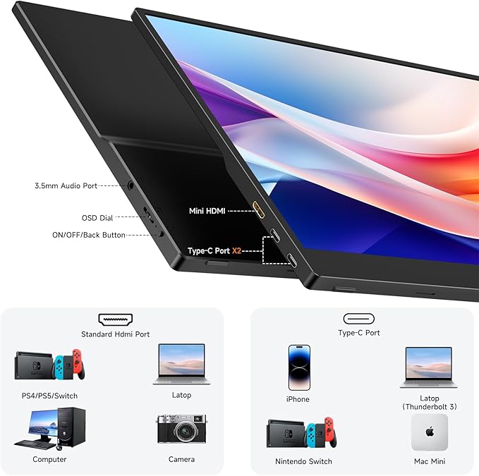 memzuoix 15.6" 60hz FHD 1080p Portable Monitor with Black Smart Cover and 2 Built-in Speakers, for Laptop PC Mac Phone Xbox PS4/PS5