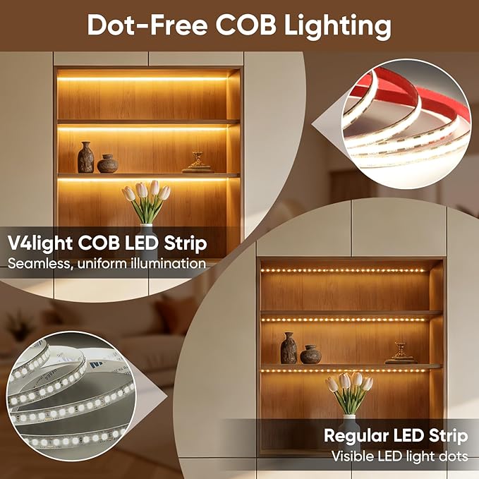 V4light COB LED Strip Light, Natural White (4000K), 12V Tape Light, CRI 95+, 3W/FT High Density, Dotless, Cuttable, UL Listed, Gold-Plated PCB for Bedroom, Kitchen, Cabinets (No Power Supply)