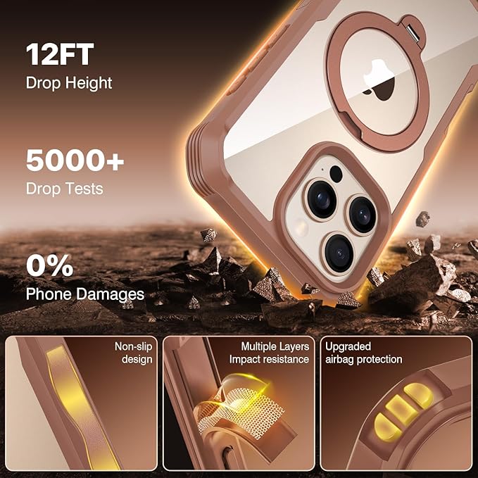 CENHUFO for iPhone 16 Pro Max Case, Compatible with Magsafe Full Body Phone Case Built-in 9H Tempered Glass Privacy Screen Protector and 360° Spin Magnetic Stand Ring Camera Lens Cover -Desert Brown