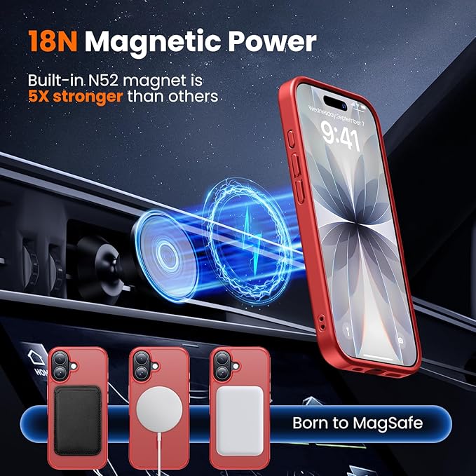 toushion 3 in 1 for iPhone 17 Case Matte Red,Fits MagSafe, Screen Protector*1 Camera Lens Protector*1,Matte Skin Feeling Back, Cover Military-Grade Protection