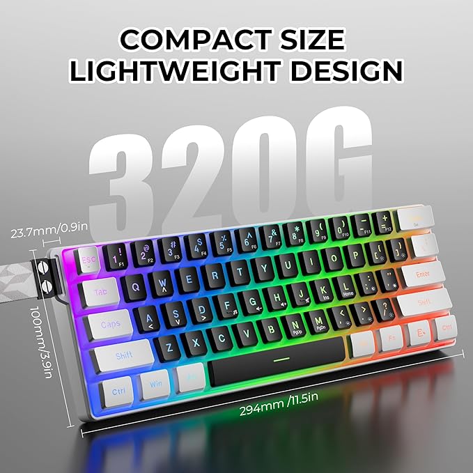 60% Gaming Keyboard,Wired Backlit Mini Membrane Keyboard, Strong Mechanical Feel for PC/Mac Gamer, Typist, Travel, Easy to Carry on Business Trip(61 Keys)-White
