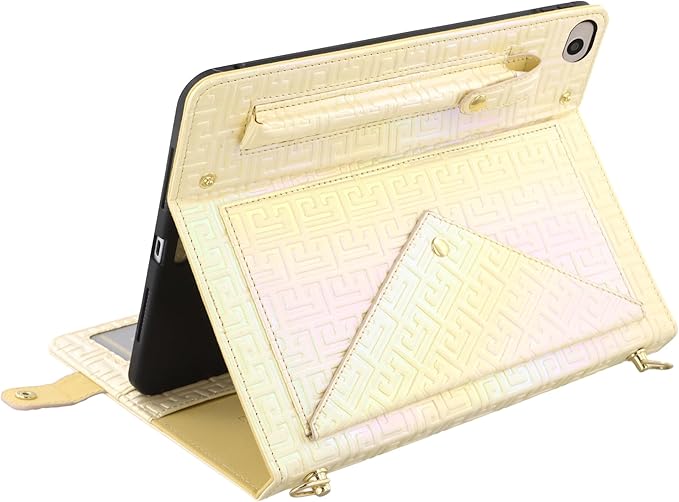 Shiny Case for iPad mini 5/4/3/2/1, Mini 7.9" Handbag Case, Techcircle Iridescent PU Leather Folio Envelope Pocket Stand Cover with Hand Strap+Shoulder Strap+Pencil Holder+Card Slots, Shiny Yellow