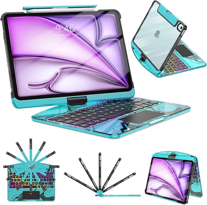 TSQQST Clear Wireless Keyboard Case for iPad Air 13 Inch (M4/M3/M2, 2026/2025/2024)/ iPad Pro 12.9" (6th/5th/4th/3rd Gen), 7-Color Backlit, Pencil Holder & Multi-Touch Trackpad, 360 Rotatable, Blue