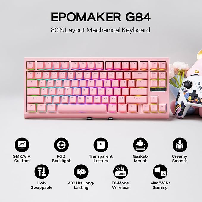 EPOMAKER G84 80% RGB Gaming Mechanical Keyboard, 2.4GHz/ Type-C/BT Wireless Keyboard, QMK/VIA Programmable, Hot-Swappable, NKRO, with Shine Through PBT Keycaps for Gamers (Pink, Creamy Jade Switch)