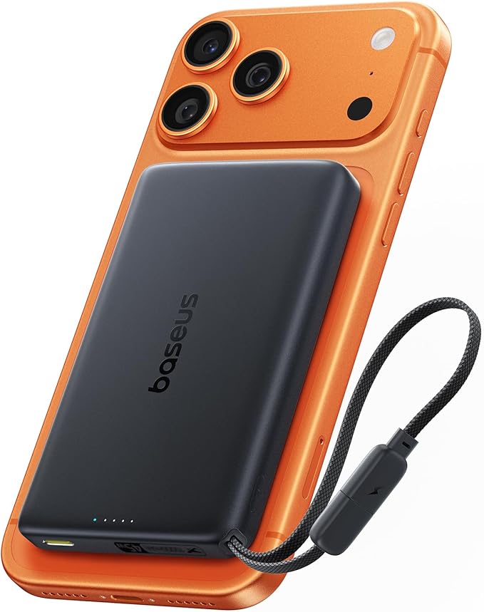 Baseus Picogo AM52 MagSafe Power Bank, Qi2.2 25W 10,000mAh Magnetic Portable Charger, 0.6" Slim Built-in 45W USB-C Cable, Alloy Fast Charging Wireless Battery Pack for iPhone 17/16/15/14/13/12 Only
