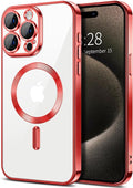 Hython Magnetic Clear for iPhone 15 Pro Max Case with Camera Lens Protector [Compatible with MagSafe] Plating Edge Slim Soft TPU Cover Protective Phone Case for iPhone 15 Pro Max 6.7", Red