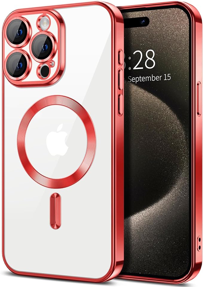 Hython Magnetic Clear for iPhone 15 Pro Max Case with Camera Lens Protector [Compatible with MagSafe] Plating Edge Slim Soft TPU Cover Protective Phone Case for iPhone 15 Pro Max 6.7", Red