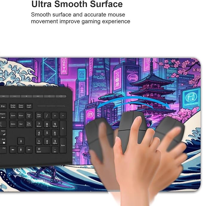 AQQA Cyberpunk Great Wave Gaming Mouse Pad - Japanese Aesthetic Large Desk Mat - XXL Extended Mousepad for Gamers, Neon Retro Wave City Art, Water-Resistant Non-Slip Rubber Base, 31.5"x15.7"