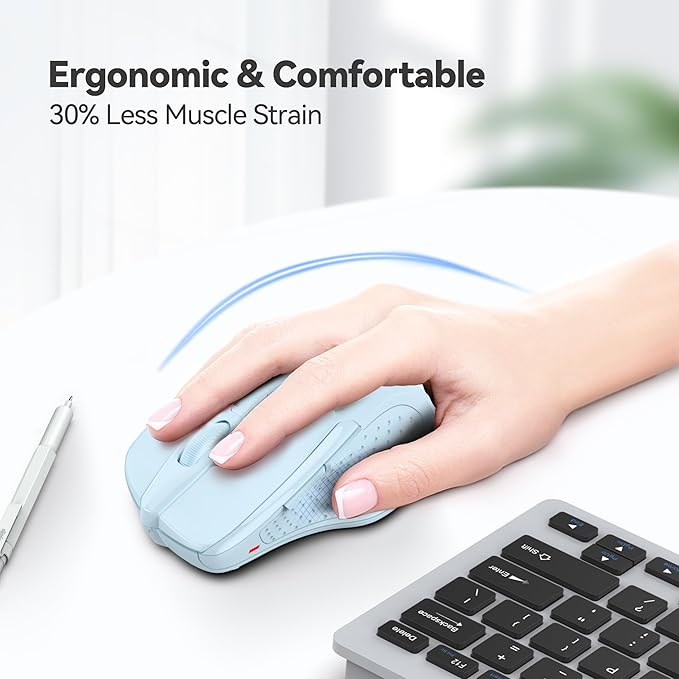 TECKNET Wireless Mouse, 2.4G Ergonomic Optical Mouse, Computer Mouse for Laptop, PC, Computer, Chromebook, Notebook, 6 Buttons, 24 Months Battery Life, 2600 DPI, 5 Adjustment Levels - Lightblue