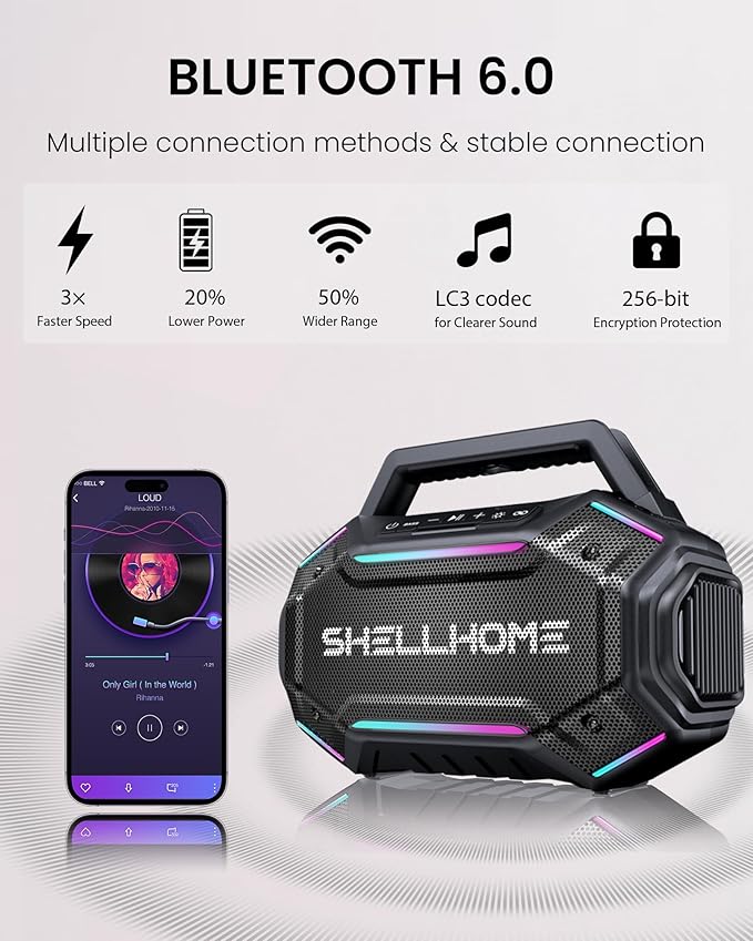 ShellHome Bluetooth Outdoor Speakers, 80W(Peak) Loud Wireless Speaker, 30H Playtime, RGB Lights, BassUp 2.0, IPX6 Waterproof, TWS, Bluetooth 6.0, Portable Boombox for Party, Pool, Beach (Pink)