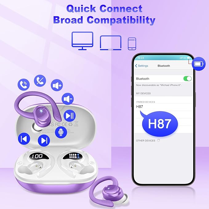 Hupoaf Wireless Earbuds Sport, 2025 Bluetooth 5.4 Headphones with Earhooks, 50H Stereo Deep Bass Over Ear Buds with 4 ENC Noise Canceling Mics, IP7 Waterproof Earphones for Running Workout Gym -Purple