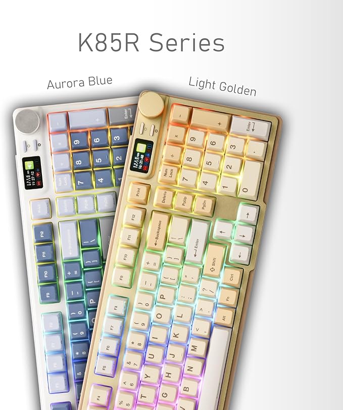 iRocks K85R Wireless RGB Backlit Mechanical Gaming Keyboard with LCD Display, Hot-Swappable Pre-lubed Brown Switches, 98 PBT Keys, USB-C Detachable Cable (Aurora Blue, Bubble Switch)