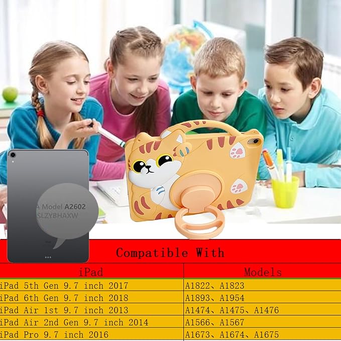 3D Cute Vivid Cat Case for iPad Air 1st 2nd/iPad Pro 2016/iPad 5th 6th 9.7 inch,Kawaii Cartoon Character Pretty Cat Soft Silicone Rotating Stand Case with Lanyard for Kids Teens Girls Women