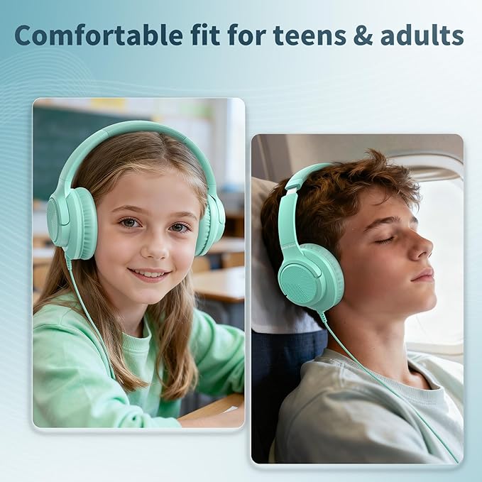 Botesty Sound Headphones Wired with Microphone, Over Ear Foldable 3.5mm Plug in Headphones Corded with 4.9ft Tangle-Free Nylon Cord for Tablet, Laptop, MP3/4, School, Airplane Travel (Green)