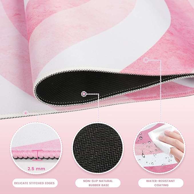 iLeadon Pink Desk Mat, XL Gaming Mouse Pad, Cute Heart Design - Perfect for Work, Gaming, Home. Rubber Base, Stitched Edges