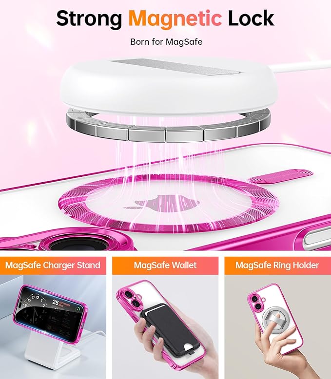 Meifigno Designed for iPhone 16 Plus Case 6.7’’, [Compatible with MagSafe] [1X HD+1X Privacy Screen Protectors] [Glitter Card & Wrist Strap] Surround Lens Protection for iPhone 16 Plus Case, Hot Pink