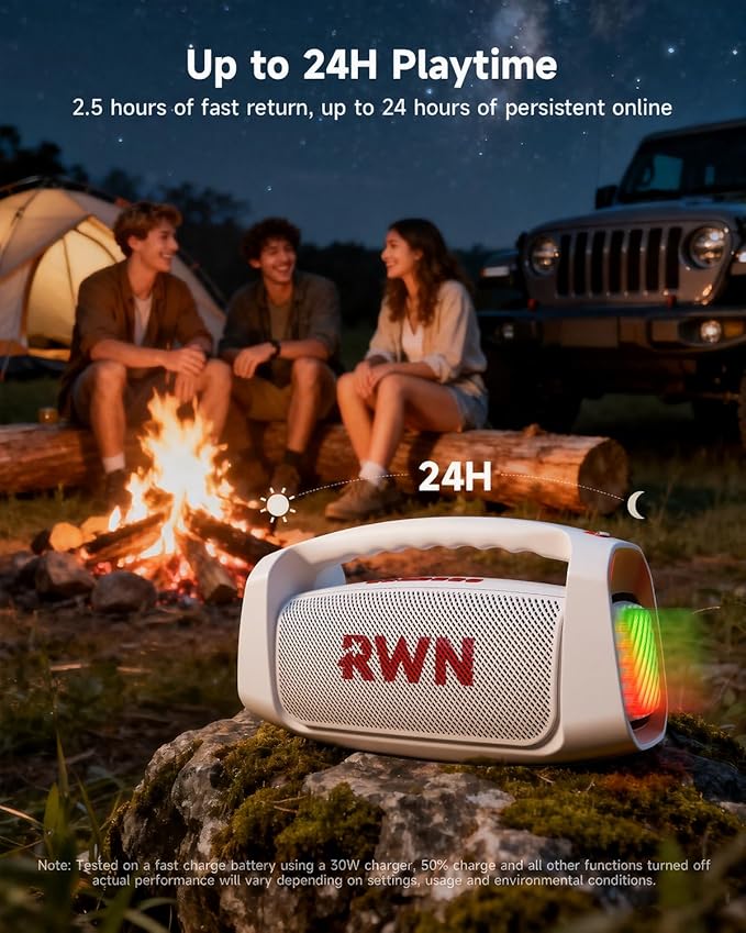 RWN Outdoor Bluetooth Speaker: 160W Loud Sound, IP67 Waterproof with 24H Playtime, Fast Charge, Bass, TWS, Portable Wireless Speakers with Light Show for House, Party, Projector, Beach (RED+White)