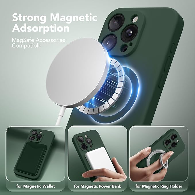 Magnetic for iPhone 15 Pro Case, Compatible with MagSafe, [Full Camera Protection][Screen Protector] Silicone Shockproof Protective Phone Case for iPhone 15 Pro 6.1", Alpine Green