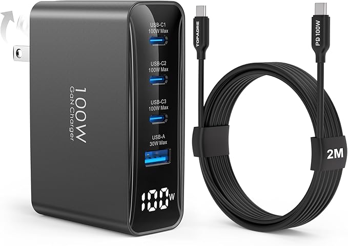 TOPADRE 100W USB C Charger Fast Charger with 2M 100W Cable, 4-Port GaN III PD C harger, HD Display, Foldable Plug, FCC UL Certified, for iPhone, iPad, Galaxy S24, MacBook, Dell and More, Black