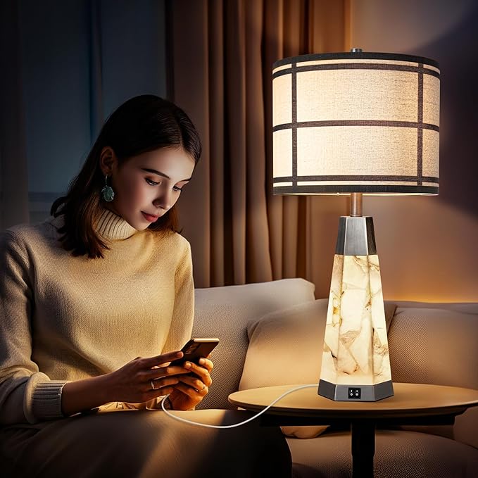KIVDITZO 27" Alabaster Table Lamps for Living Room, Bedroom Lamps Set of 2 with Night Light, Living Room Lamps with USB A+C Ports, Table Lamp with Linen Shade for Bedside (Bulbs Included)