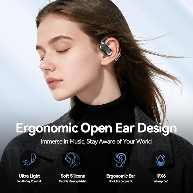 Open Ear Headphones Bluetooth Wireless Over Ear Earbuds with Ergonomic Earhook Ear Buds, Led Power Display,48h Playtime，Ipx6 Waterproof Comfortable for Workout，Cycling，Running (Black)