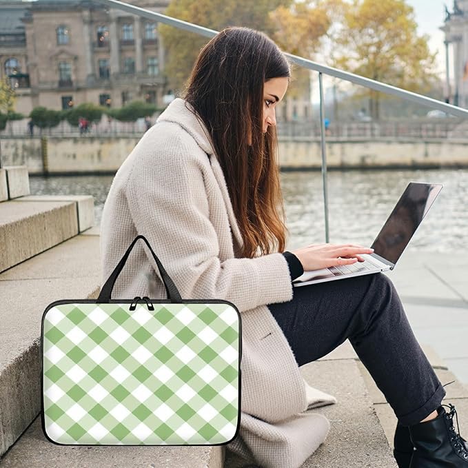Universal Tablet Laptop Sleeve Case 10 inch, Green and White Checkered Slim Carrying Case Travel Laptop Bag Durable Handbag for 7 to 10-inch Laptops/Notebook/Kids Tablet/ipad/eBook Readers