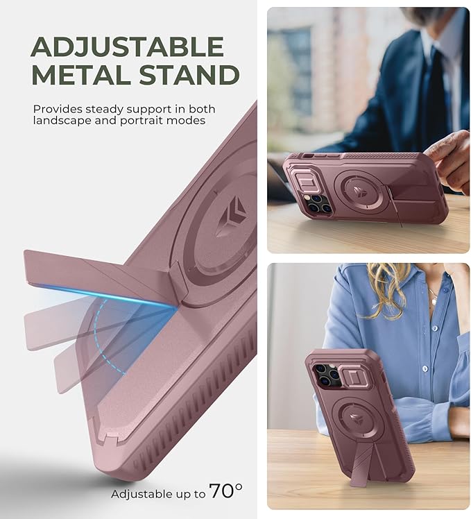 Dexnor for iPhone 12 & iPhone 12 Pro Case with Slide Camera Cover & Adjustable Kickstand &Built-in Screen Protector,Magsafe Rugged Shockproof Bumper Cases Heavy-Duty Protective Cover,Peony Pink