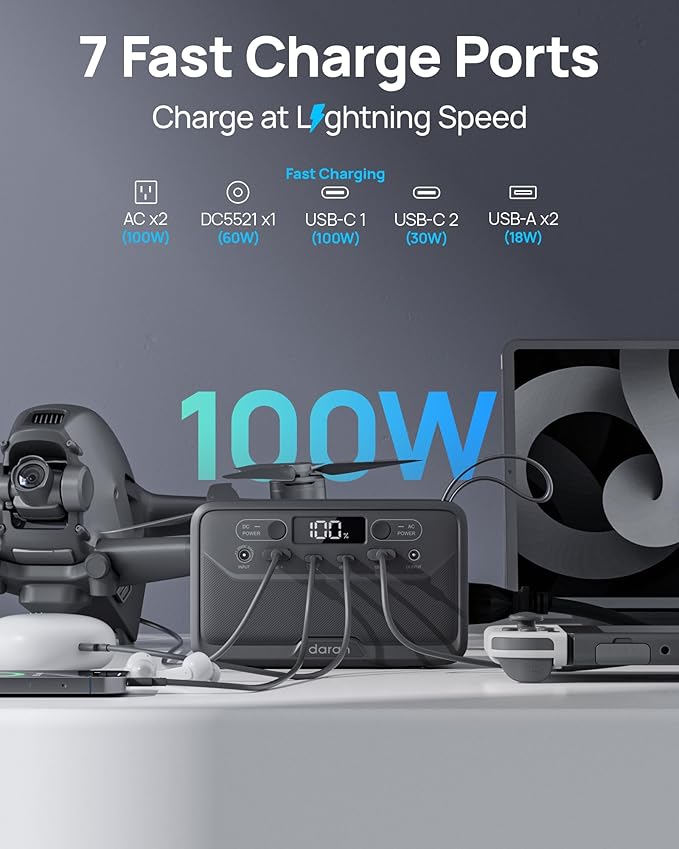 DaranEner 2026 Portable Power Station 89.6Wh LiFePO4 Battery, Solar Power Bank with AC Outlet 100W/110V, USB-C PD Two-Way Fast Charging Small Generator for Laptop, Camping, Home, Office, TSA Approved