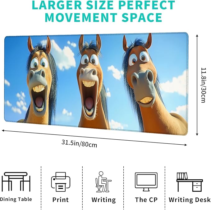 Funny Horse Cartoon Gaming Mouse Pad – 12x31.5in Large Extended Desk Mat with Hilarious Horses Faces Design – Non-Slip Rubber Mousepad for Office Home – Deskmat Gifts for Animal Lovers Decor