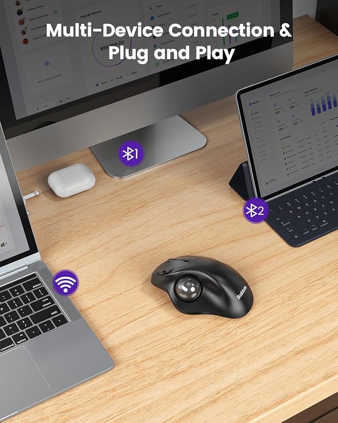 SABLUTE MAM2 Wireless Trackball Mouse with 5-Level DPI, Ergonomic Mouse 2.4G Plug-and-Play for 3 Devices (Bluetooth or USB Receiver), 500mAh Battery, Compatible with PC/Laptop/Mac/Windows-Grey Ball