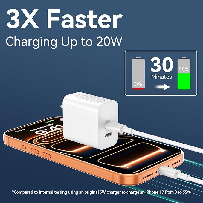 20W Dual Port USB C Fast Charger Block with 6.6FT Long USB C to C Charging Cable for Phone 17 16 15/16 15 Plus/17 16 15 Pro/17 16 15 Pro Max