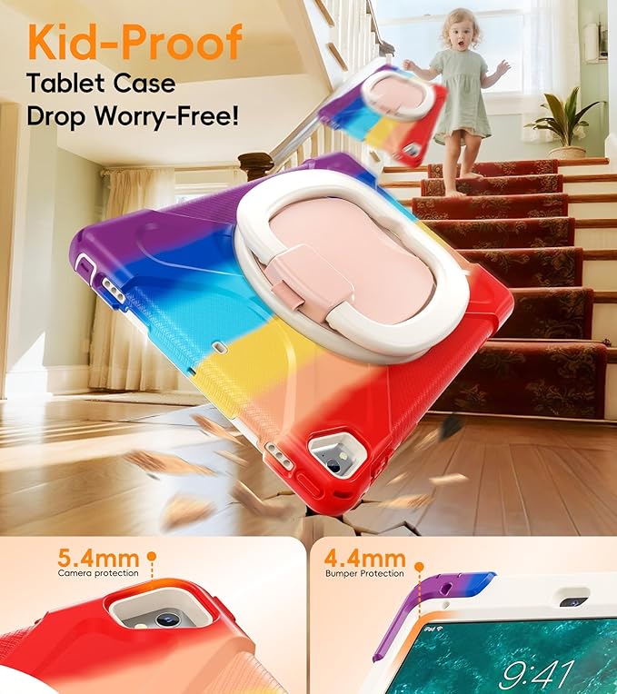 BATYUE Case for iPad 6th Generation 9.7 inch 2018, iPad 5th Gen 2017, iPad Air 2/ iPad Pro 9.7'',Shockproof Protective Cover with Pencil Holder &Rotating Bracket &Shoulder Strap (Colourful Red)