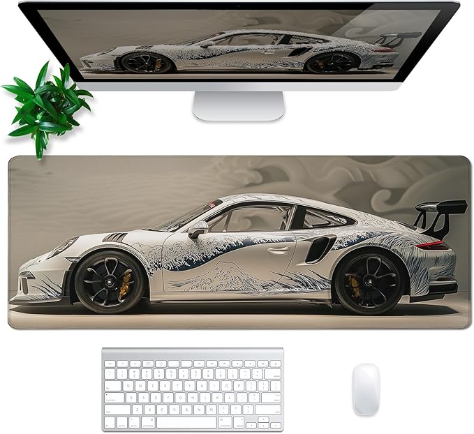 White Ukiyo-e Style Sports Car Mouse Pad Abstract White Mouse Pad 31.5x11.8 Inch Texture Non-Slip Rubber Base Large Mousepad Stitched Edges Keyboard Mouse Mat Desk Pad for Office and Home
