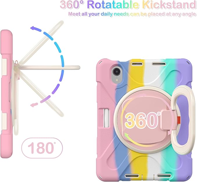 BRAECNstock Kids Case for Apple iPad mini 7 (A17 Pro)/ Mini 6 2024/2021 8.3-Inch Shockproof Protective iPad mini Case with Screen Protector, Rotating Stand, Handle Grip, Pencil Holder, Rainbow Pink